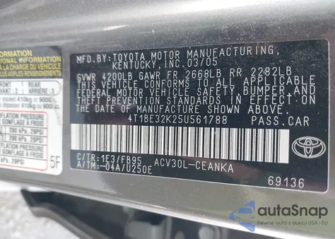 2005 Toyota Camry Le из США, поврежденный, VIN 4T1BE32K25U561788